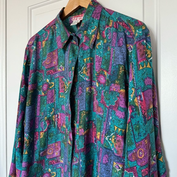 Vintage HER 90s Pattern 100% Silk Button down Shirt, size XL - Picture 4 of 7